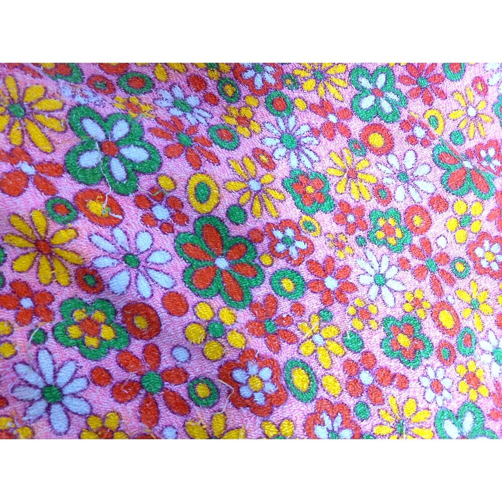 Vtg 70s Terry Cloth Fabric Pink Yellow Psychedelic Flower Power 2.5 Yds READ
